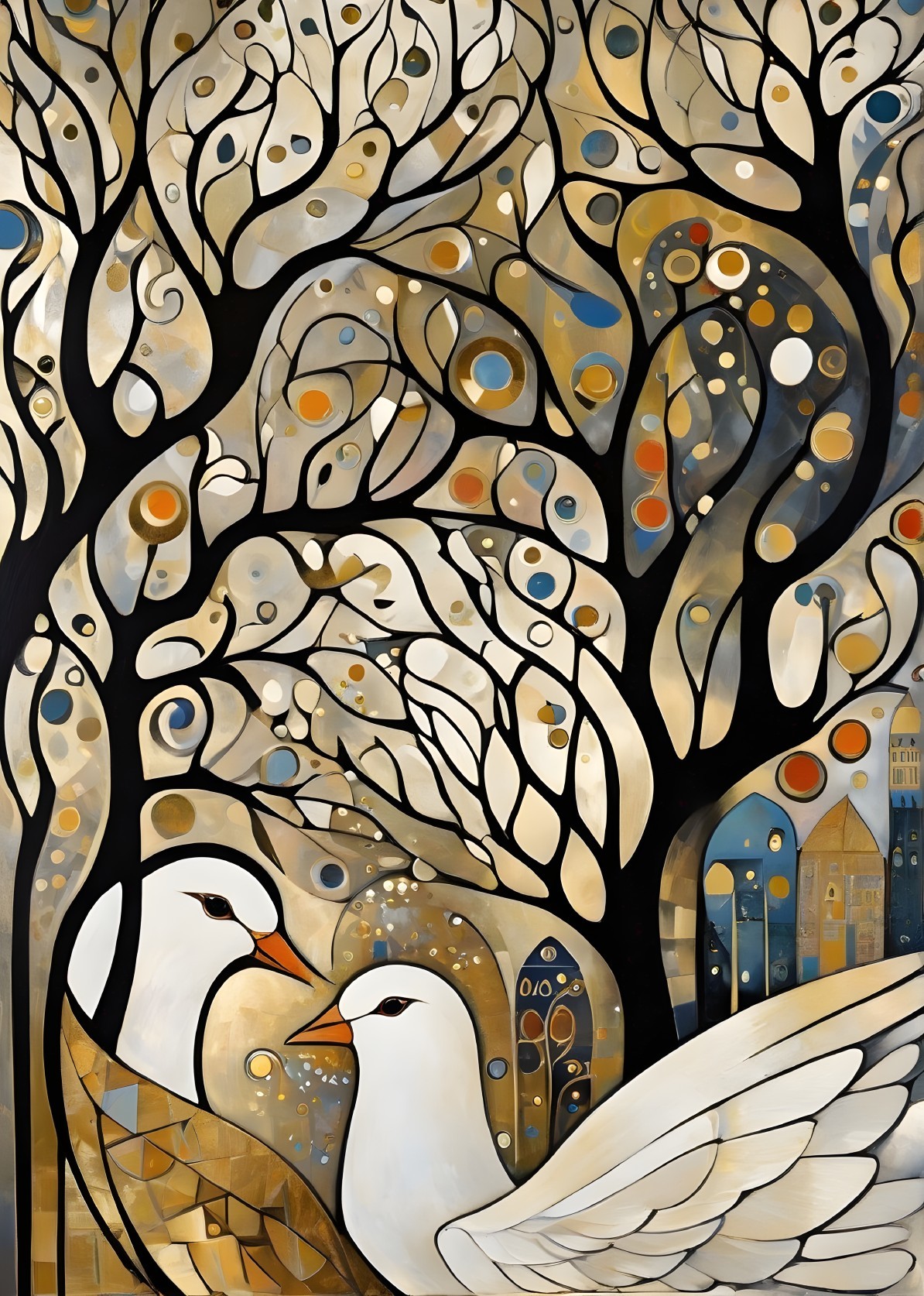 Whimsical bird art with stylized plumage and urban motifs