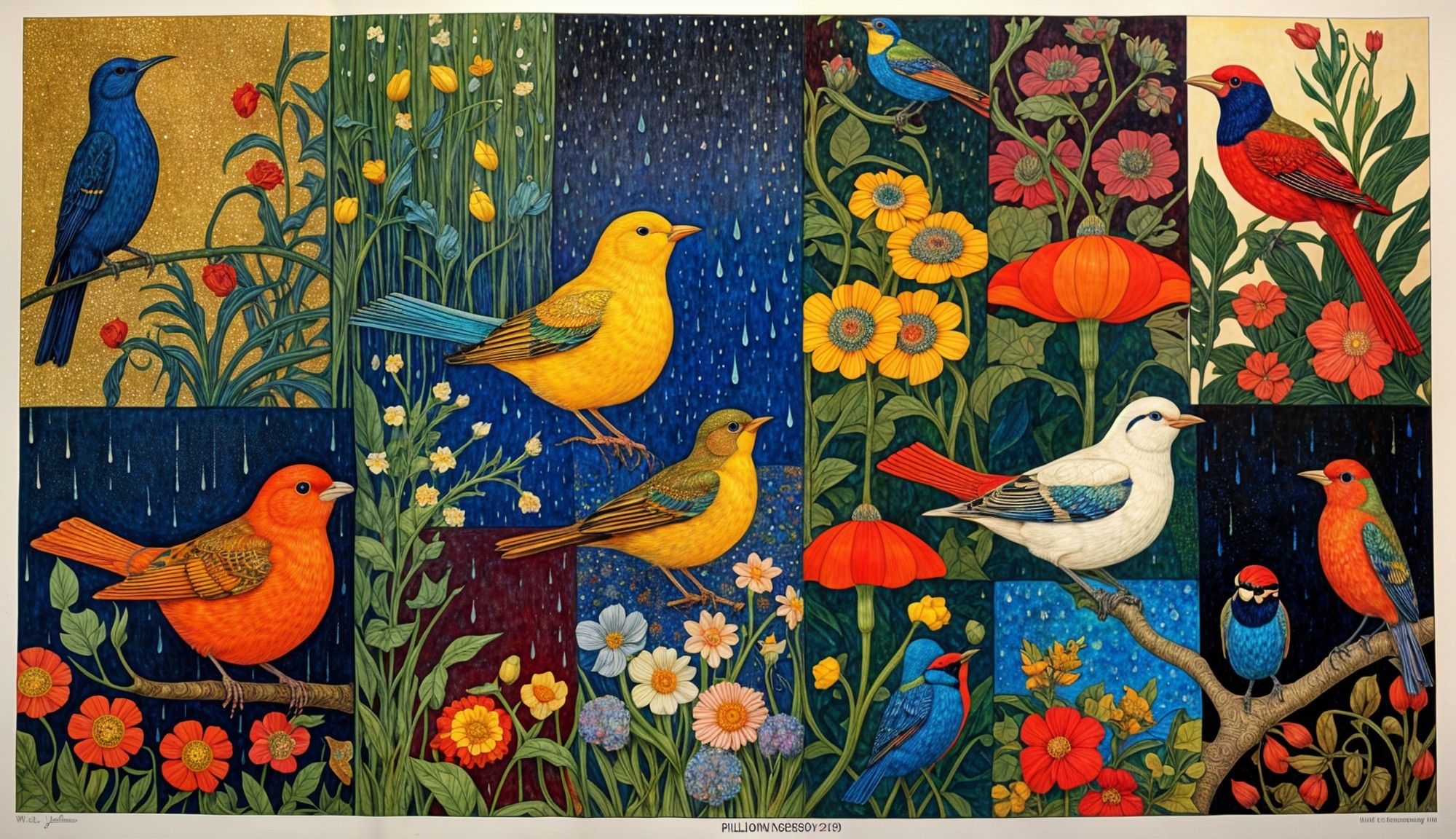 Colorful Birds and Lush Flowers in Vibrant Collage