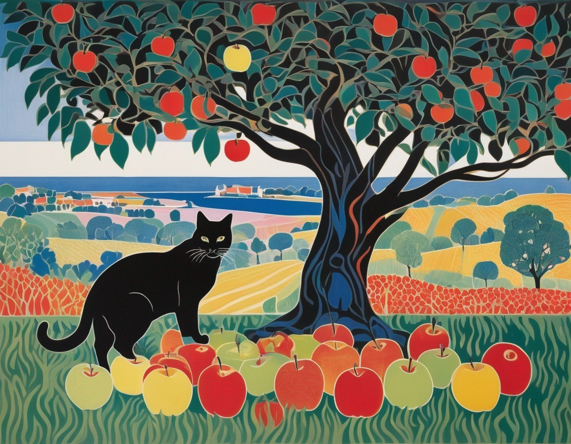 Vibrant Landscape with Black Cat and Apple Tree