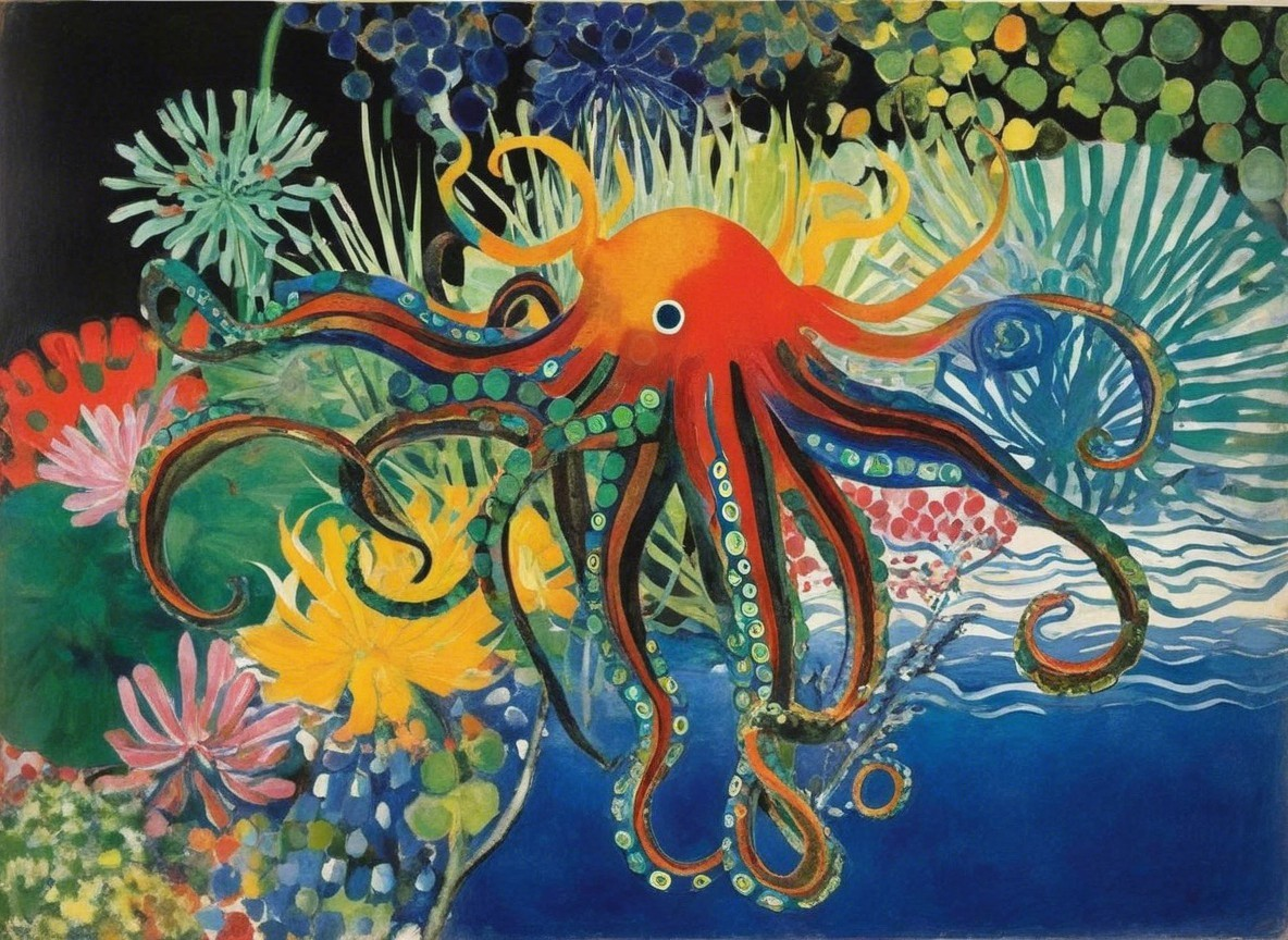Vibrant Underwater Scene with Colorful Octopus and Flora
