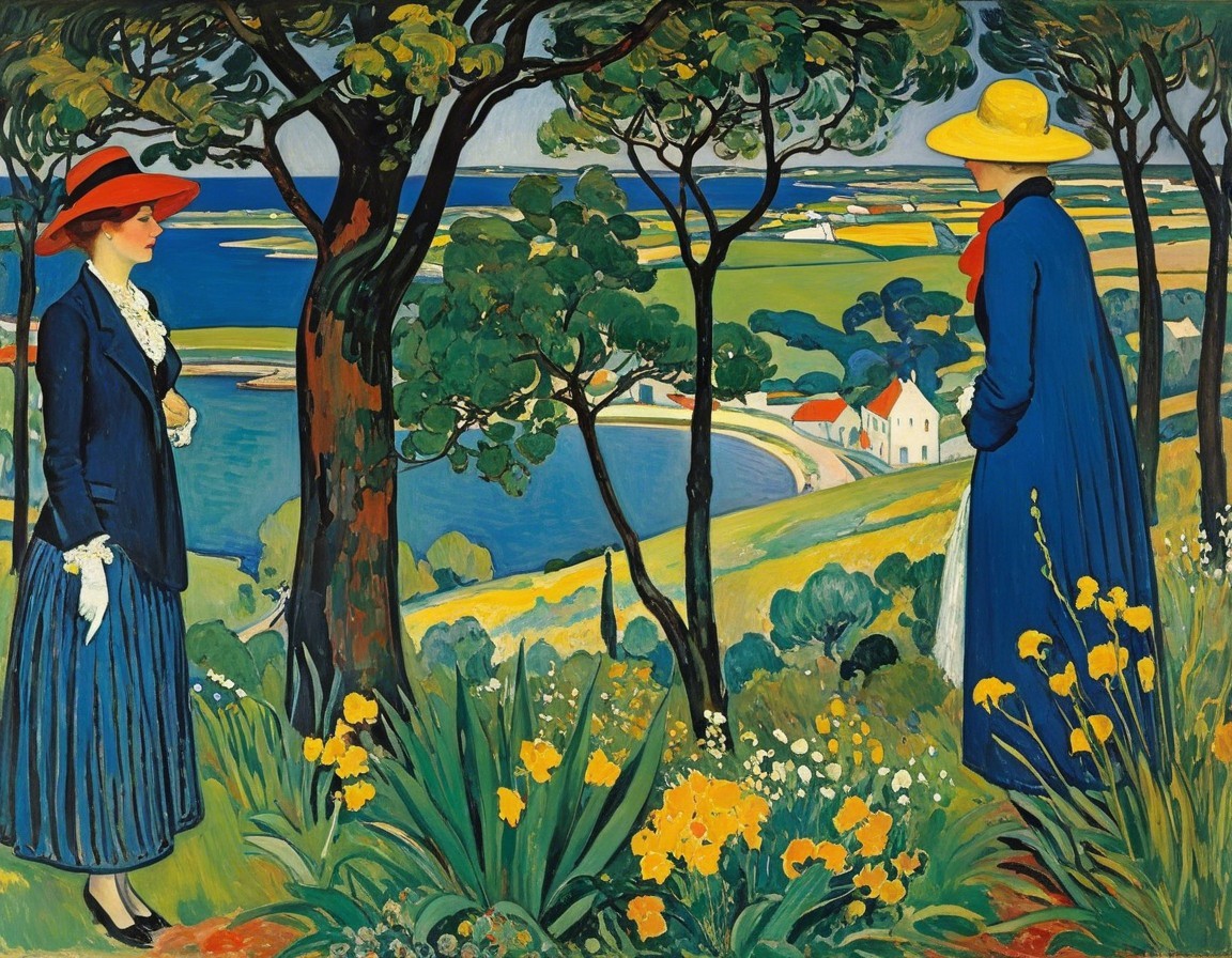 Elegantly Dressed Women in Coastal Landscape Setting