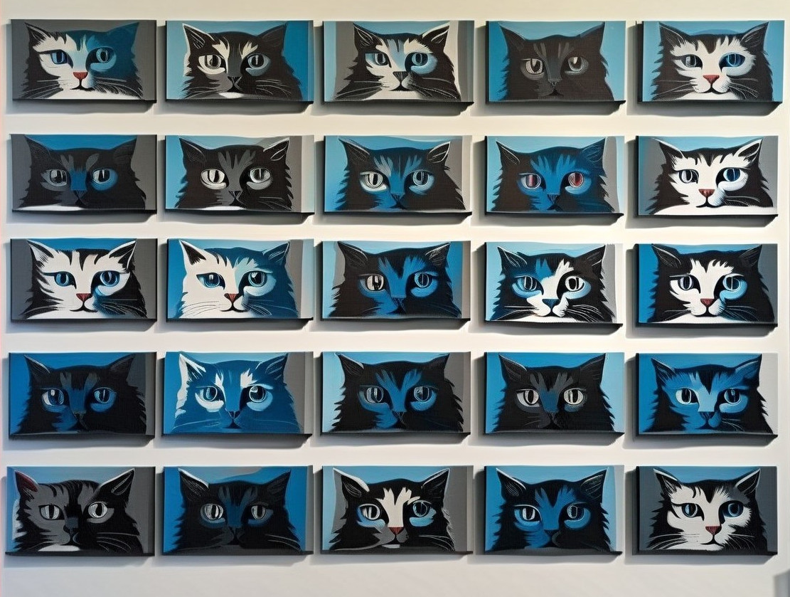 Contemporary Artwork of 24 Vibrant Cat Portraits