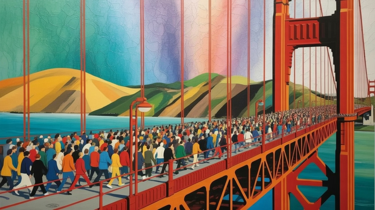 Colorful Painting of Crowd on Golden Gate Bridge