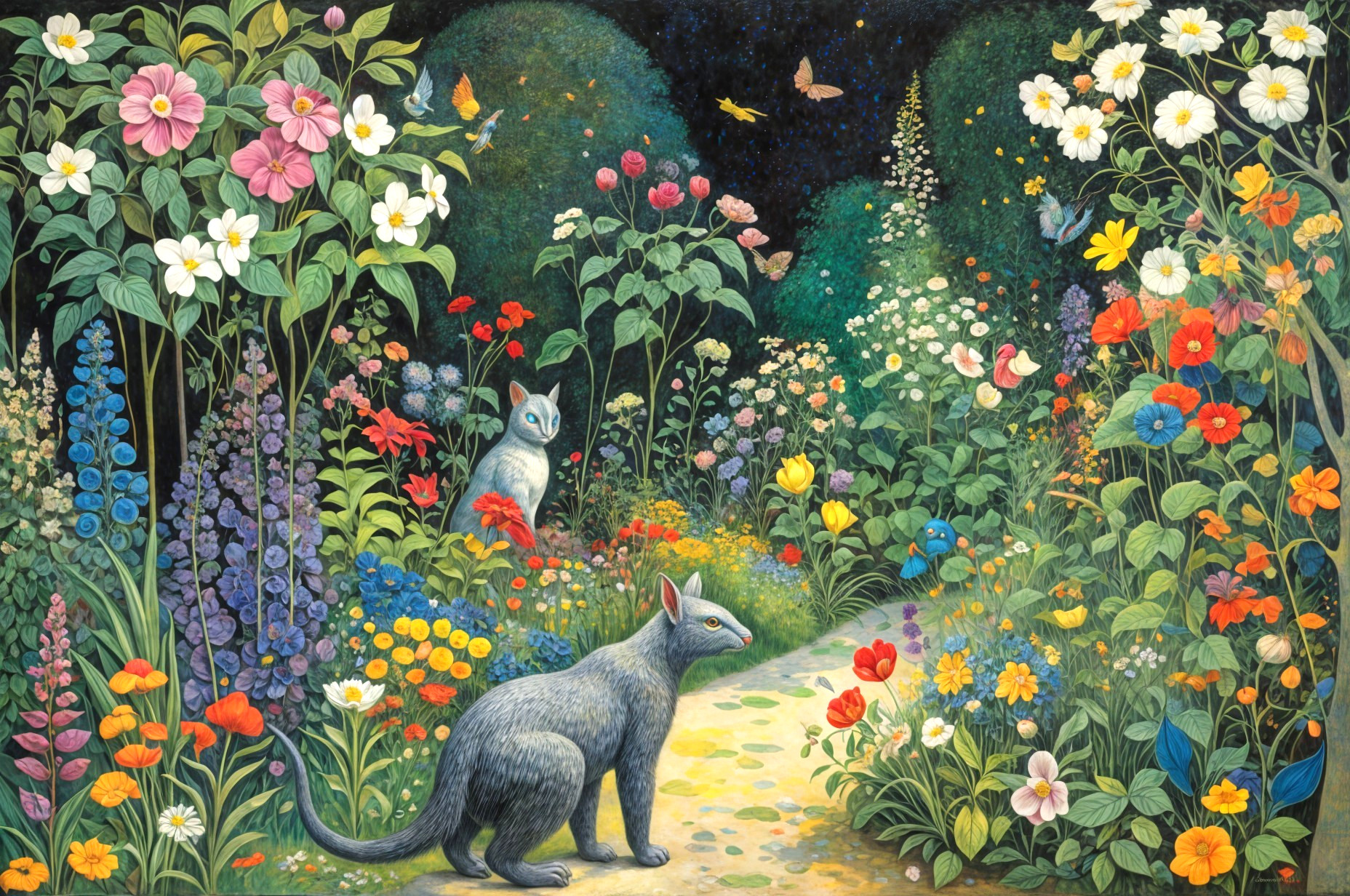 Vibrant garden scene with colorful flowers and cats
