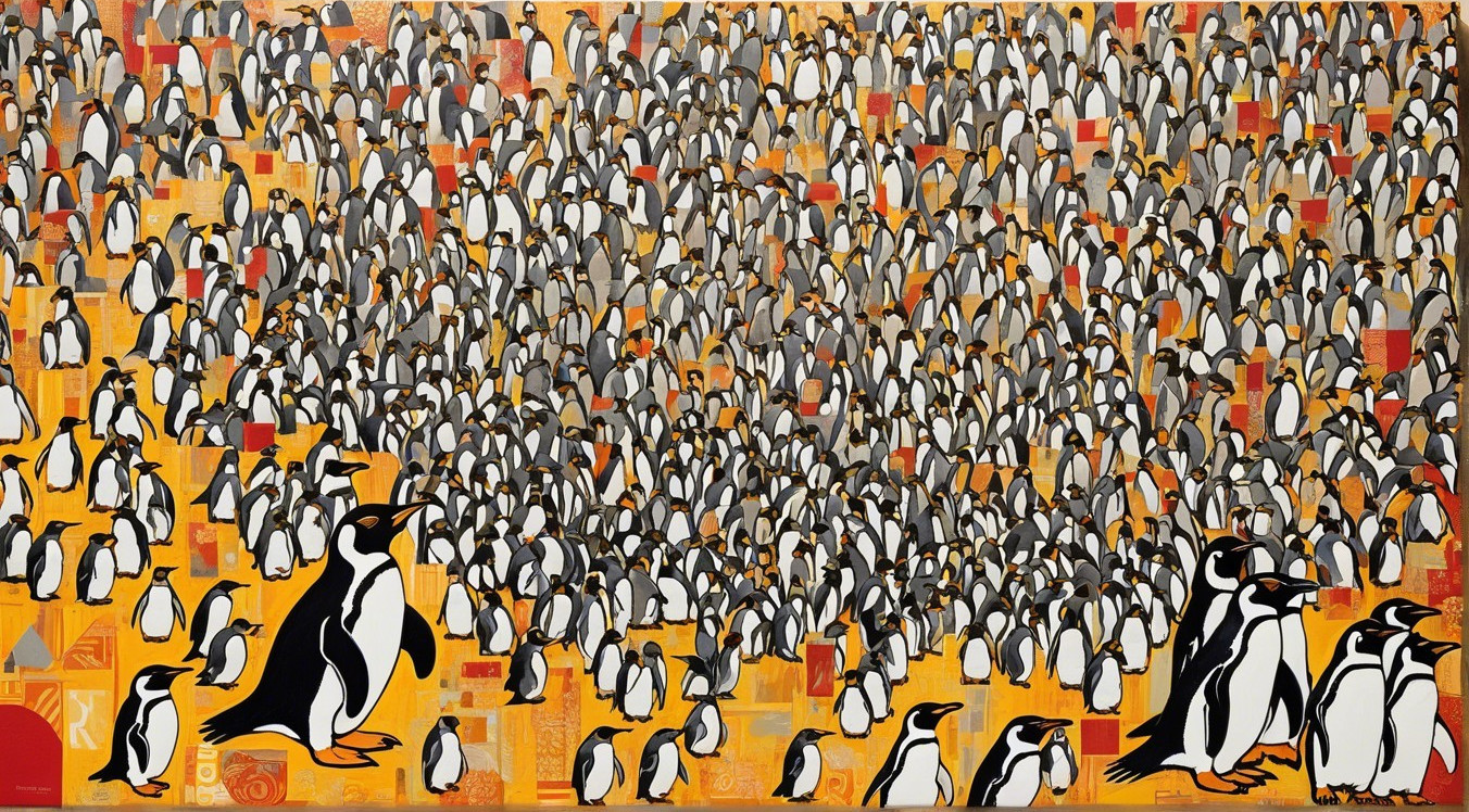 Vibrant Artwork of Penguins on Warm Orange Background