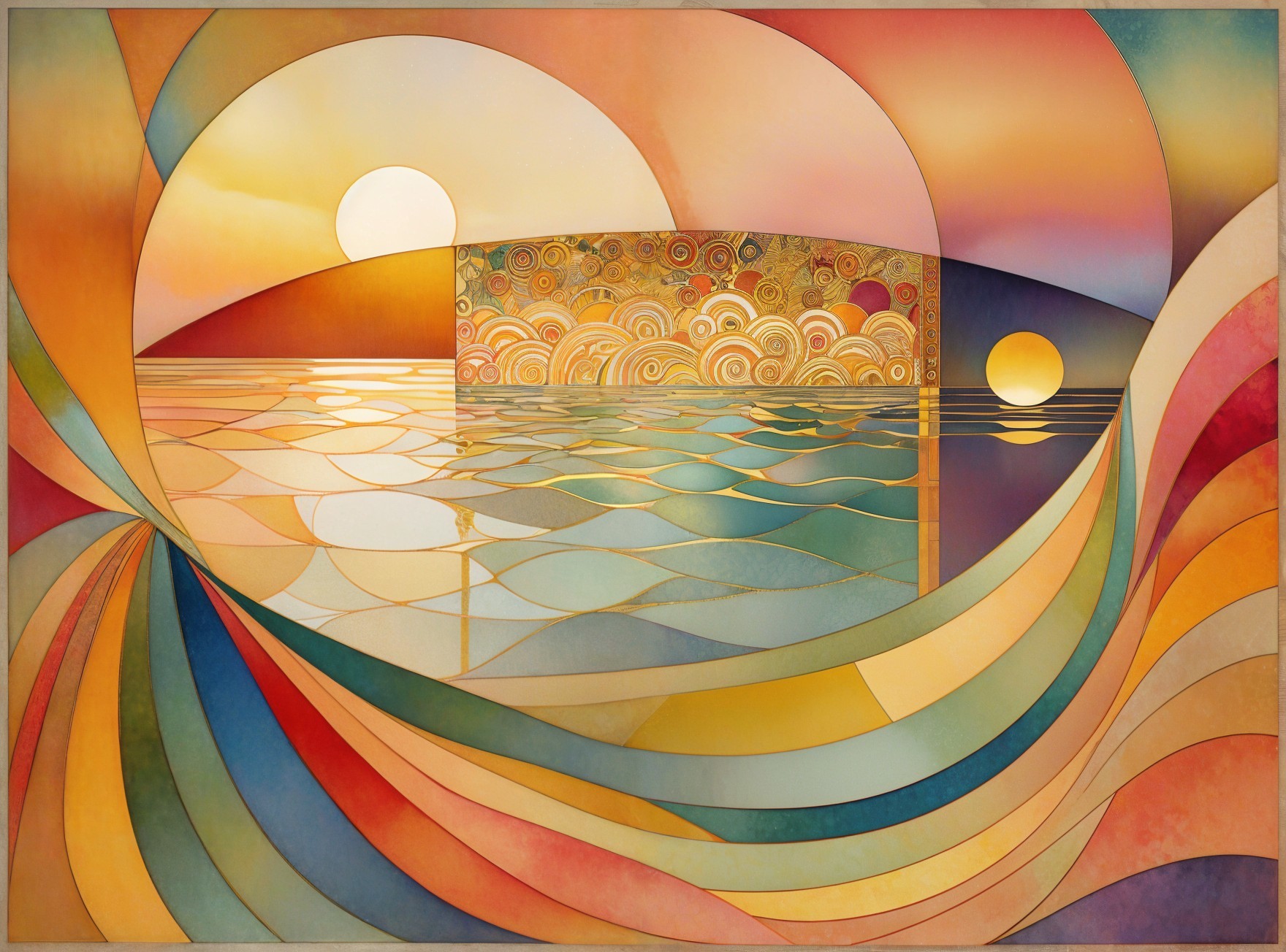 Vibrant Abstract Landscape with Two Suns and Waves