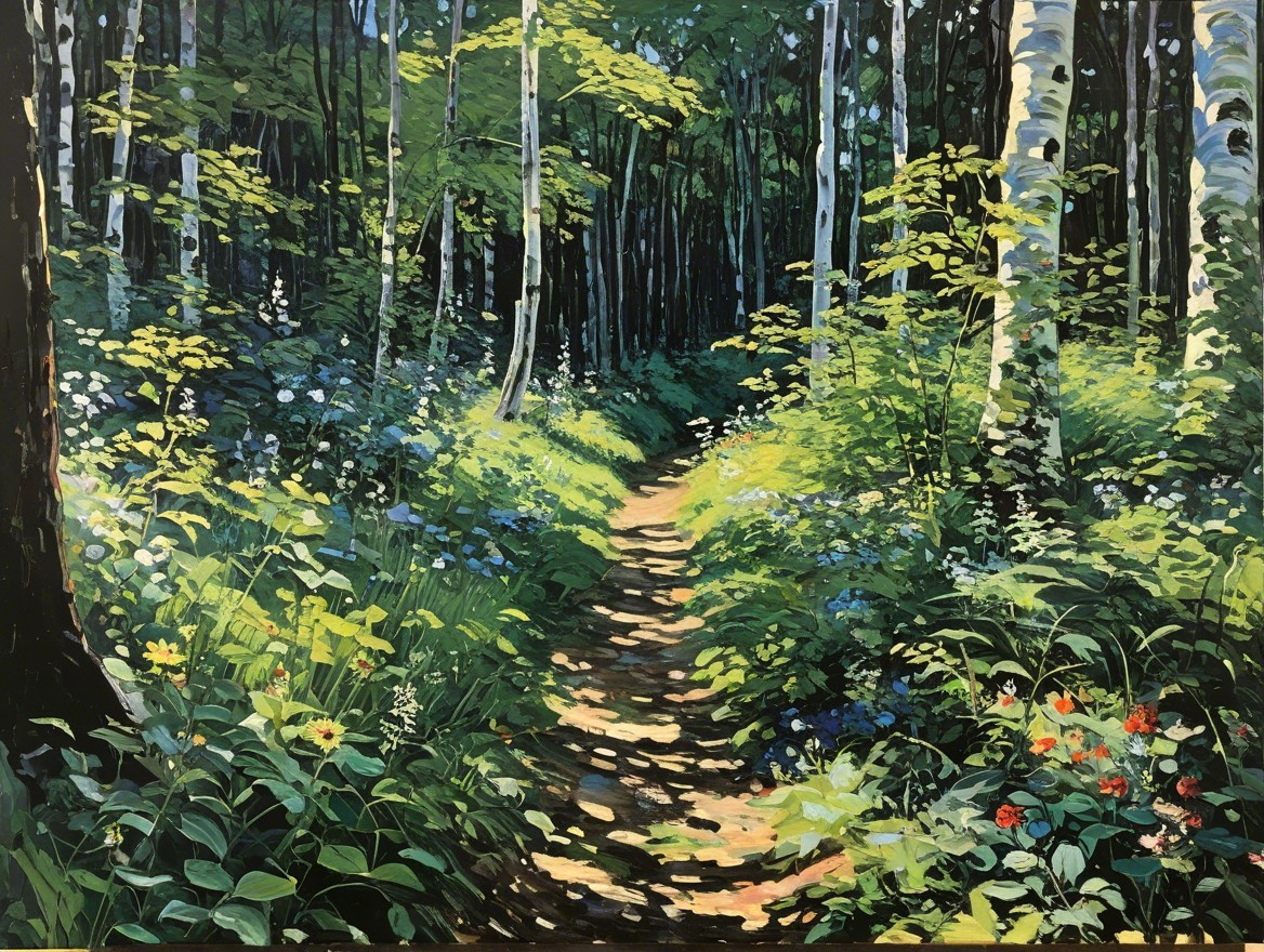 Serene Forest Path with Lush Greenery and Wildflowers