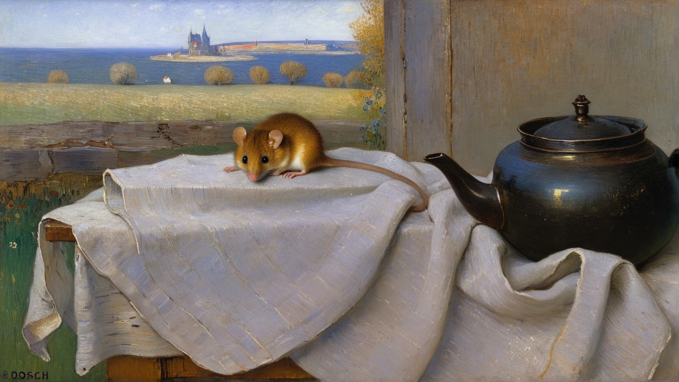 Still Life with Mouse and Black Teapot on Cloth
