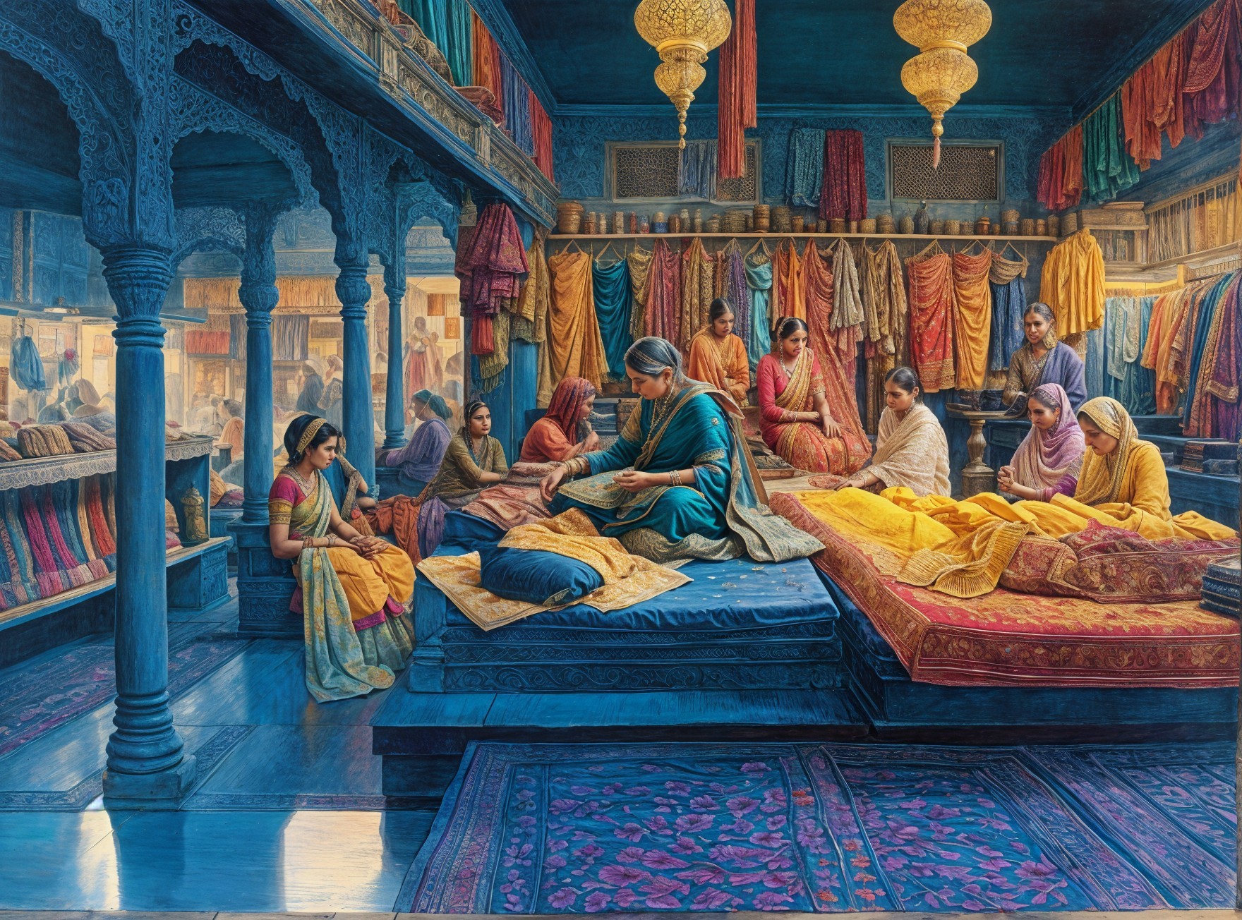 Ornate Fabric Shop Showcasing Vibrant Textiles and Artisans