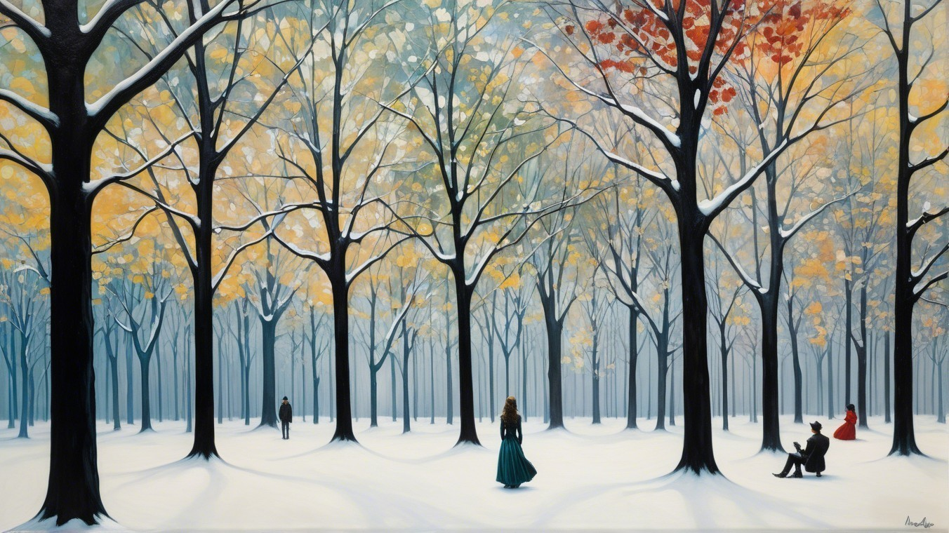 Winter Forest Scene with Snow and Autumn Leaves