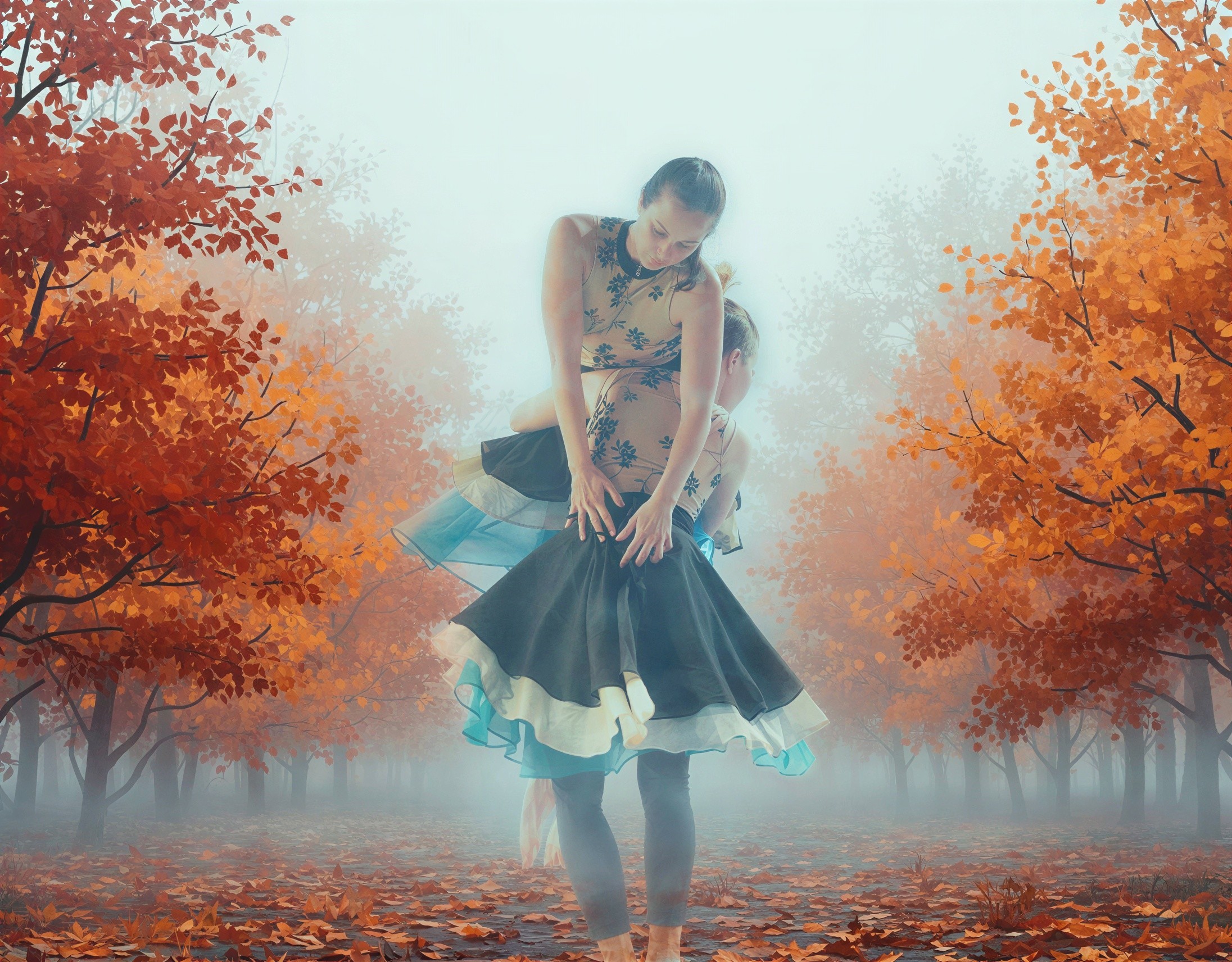 Acrobatic Dance Pose in Misty Autumn Forest