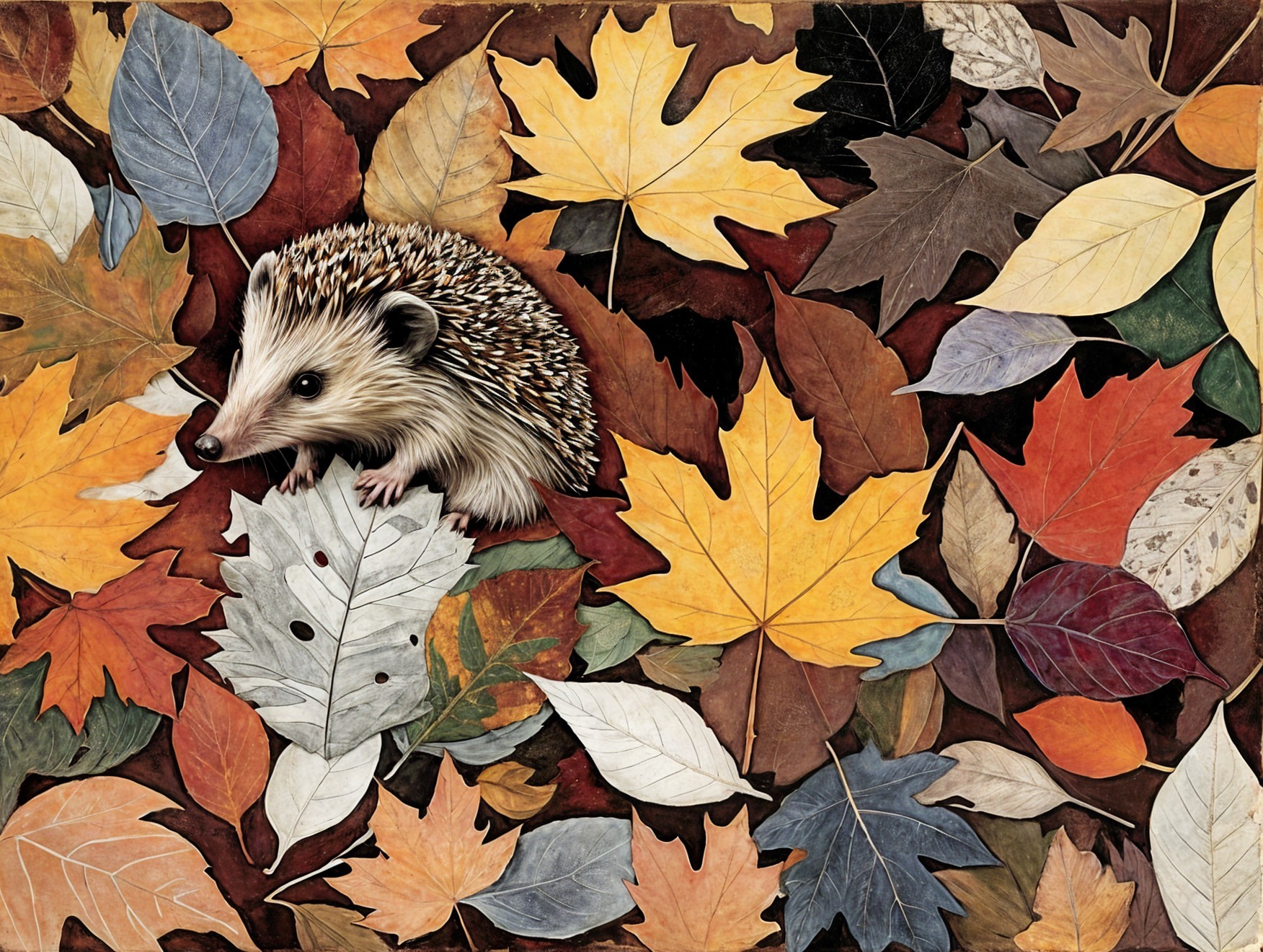 Hedgehog Surrounded by Colorful Autumn Leaves