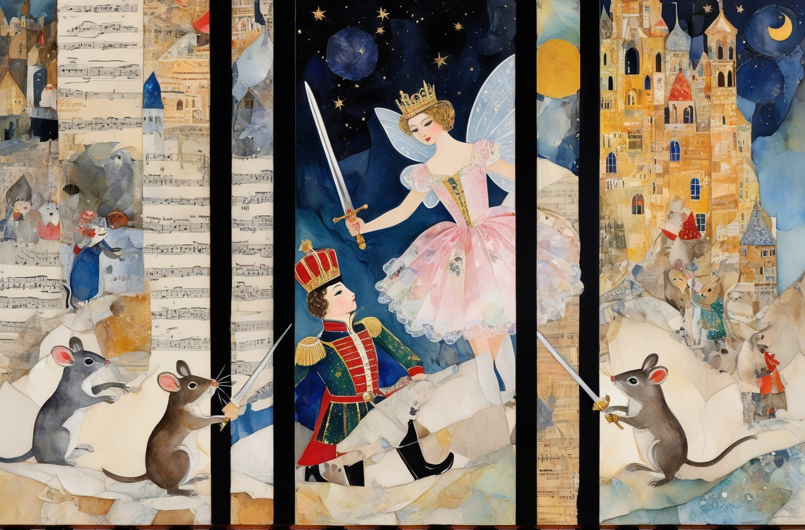 Watercolor Triptych Illustrating Nutcracker Story