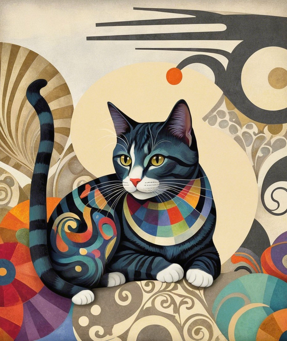 Stylized Cat Against Colorful Intricate Patterns