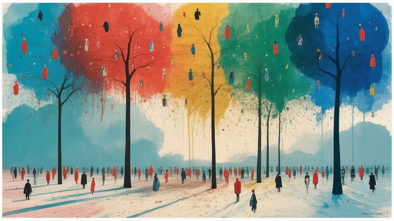 Surreal Landscape with Colorful Trees and Figures