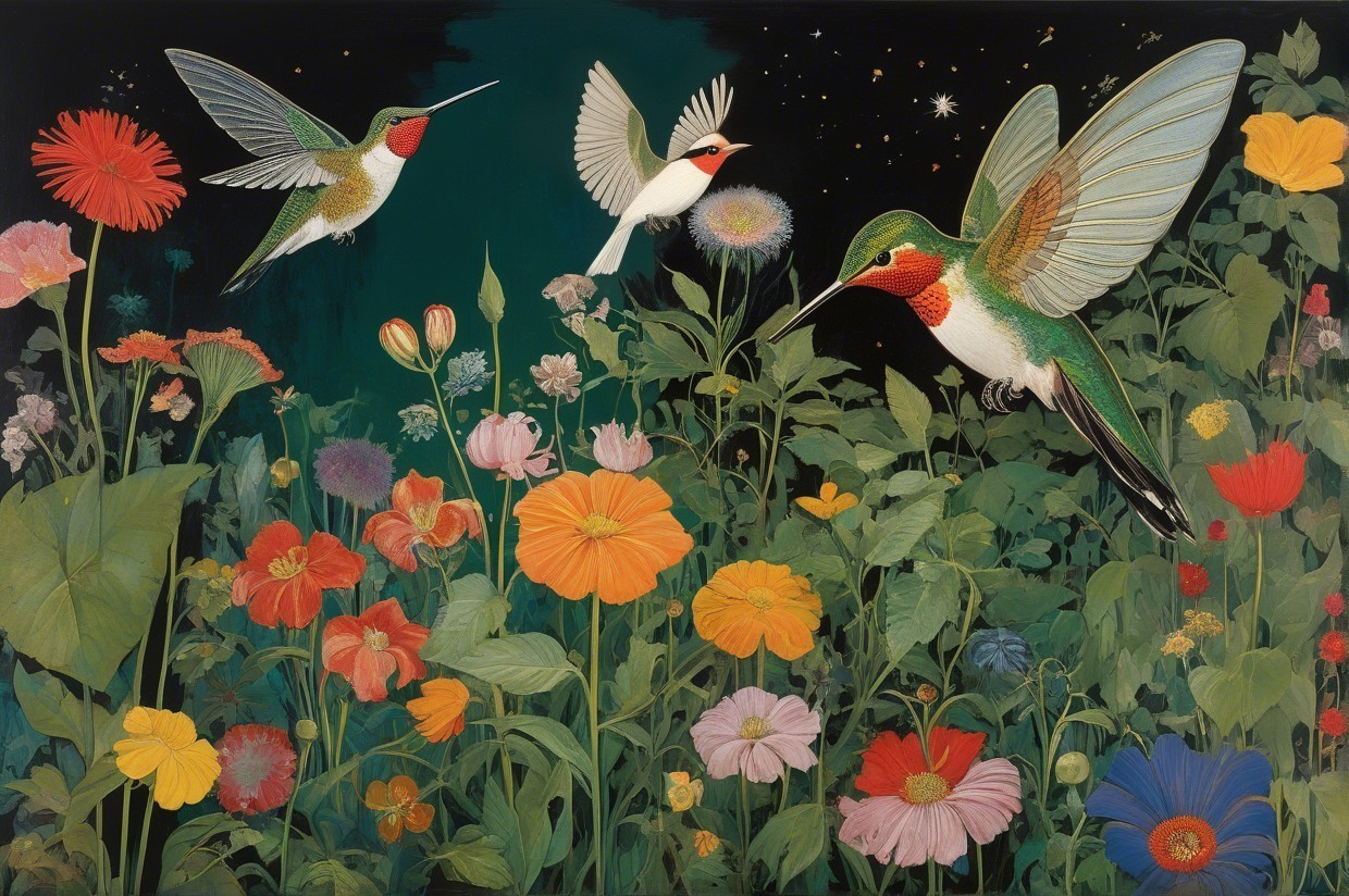 Colorful Garden with Hummingbirds at Night