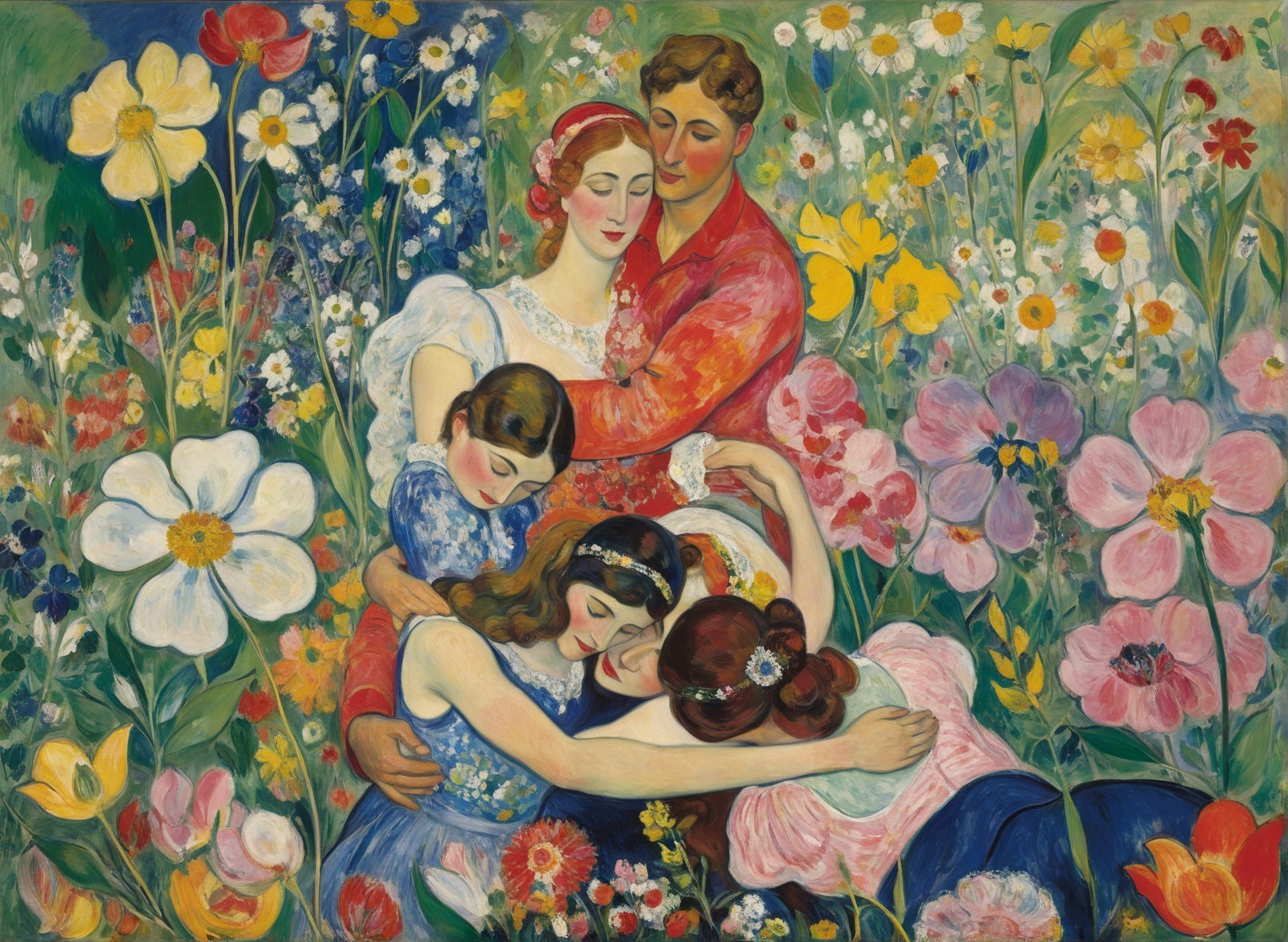 Colorful Expressionist Painting of Women in Flower Garden