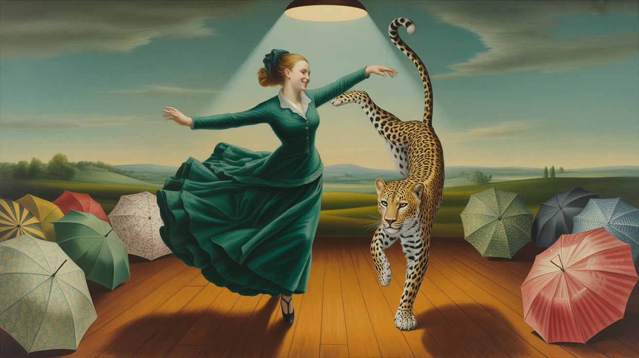 Whimsical Dance Scene with Woman and Leopard Underlight