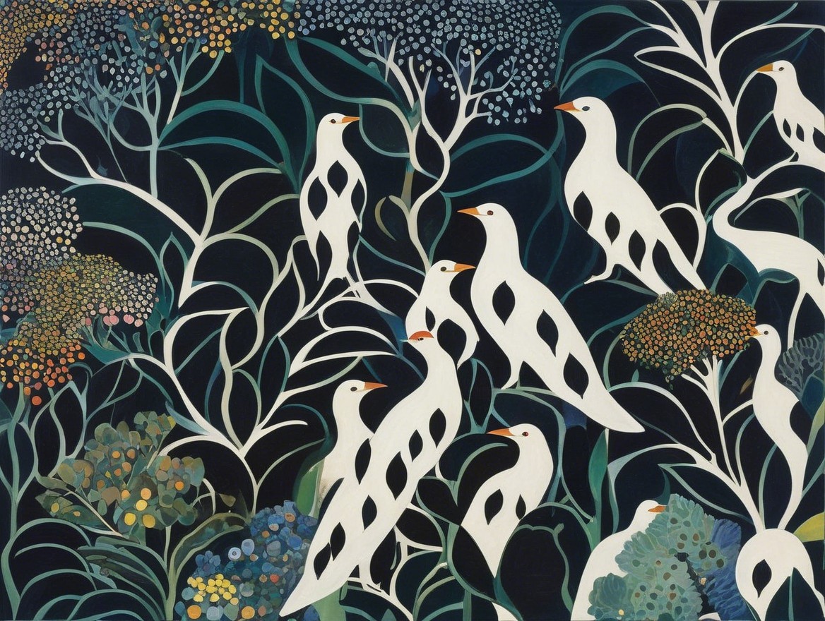 Vibrant Scene of White Birds Among Lush Foliage