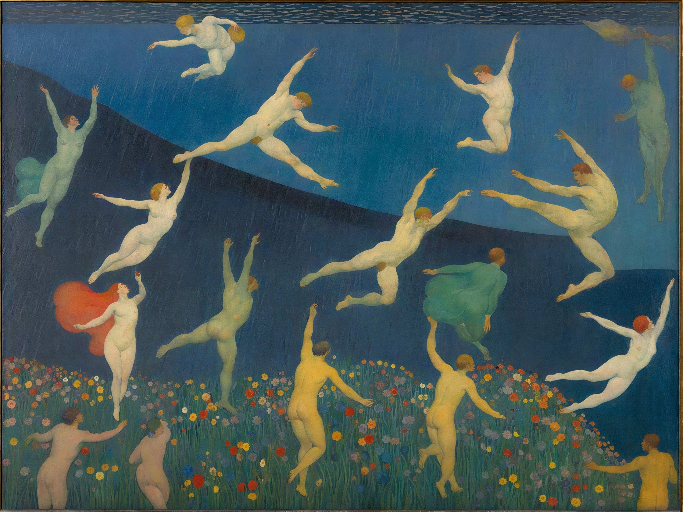 Figures Dancing Against a Dark Blue Background with Flowers