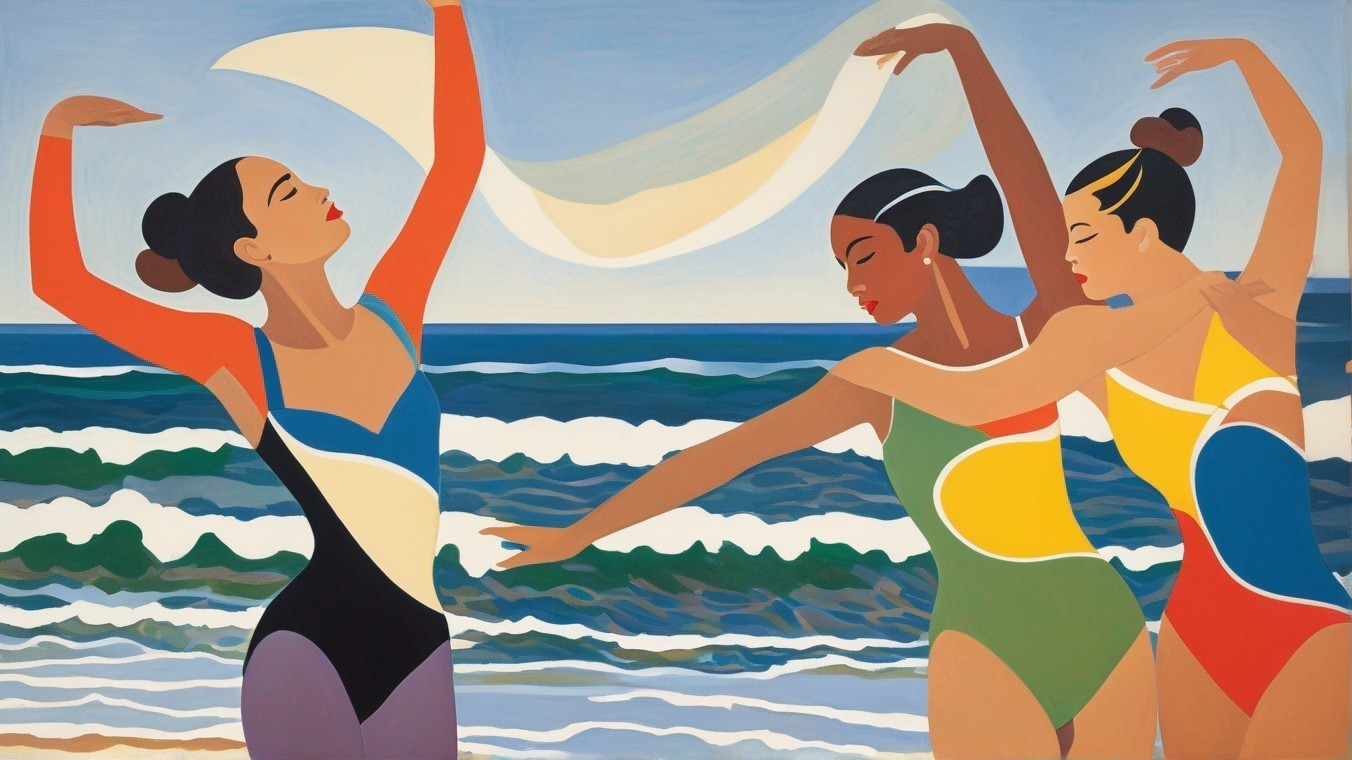 Three Women in Vibrant Swimsuits on a Beach