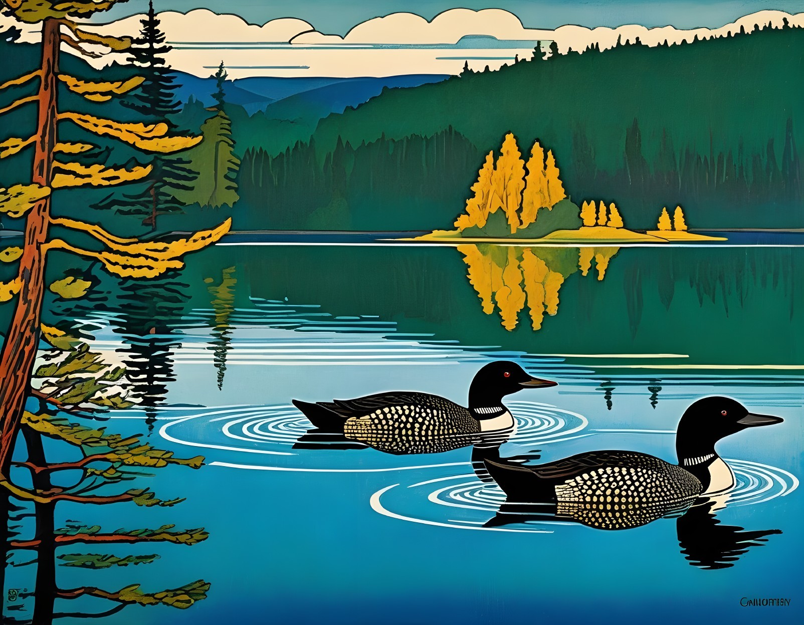 Serene Lake Scene with Loons and Vibrant Colors