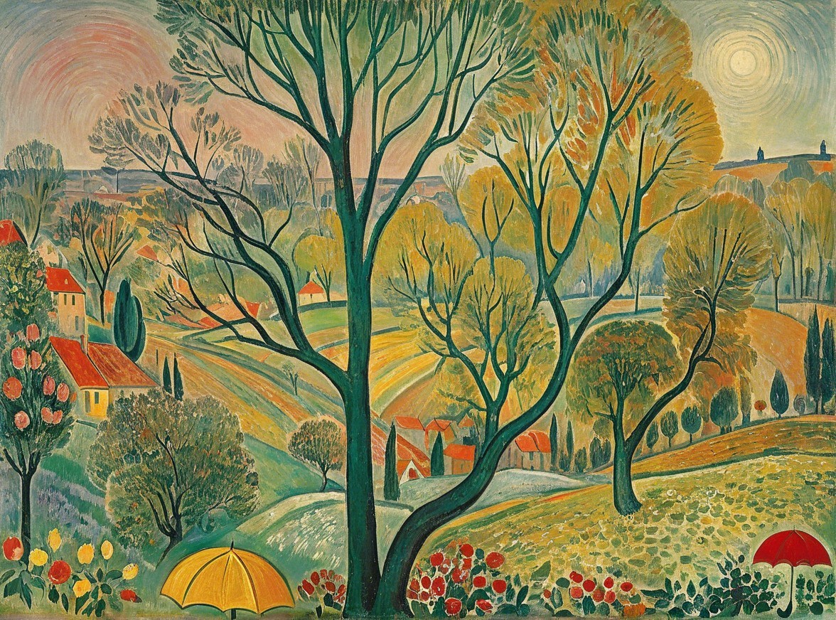 Vibrant landscape with trees, hills, and colorful flowers