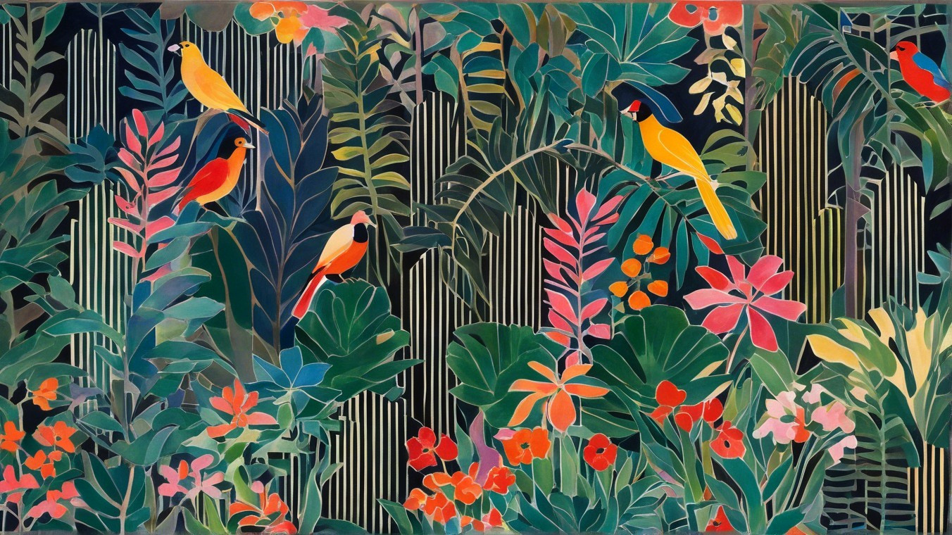 Vibrant Tropical Jungle Scene with Colorful Flora and Birds