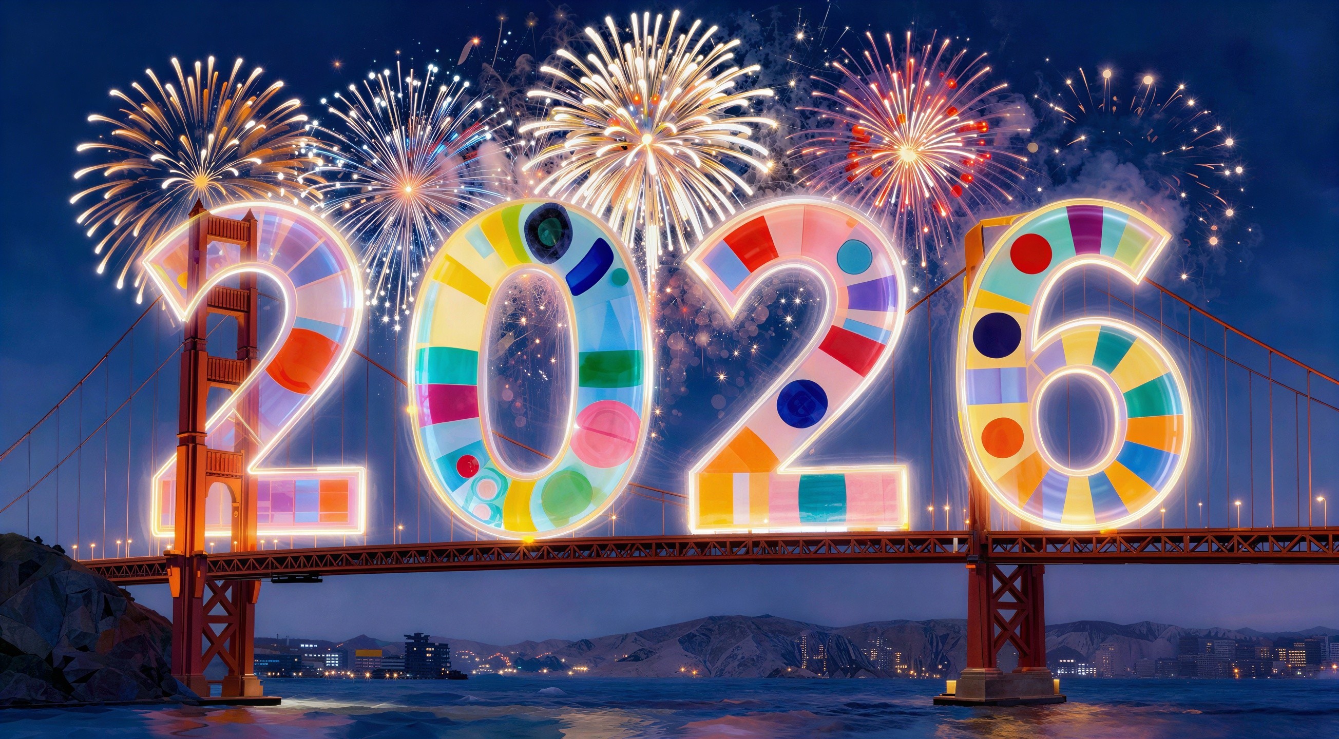 Golden Gate Bridge Night Scene with Fireworks and 2026