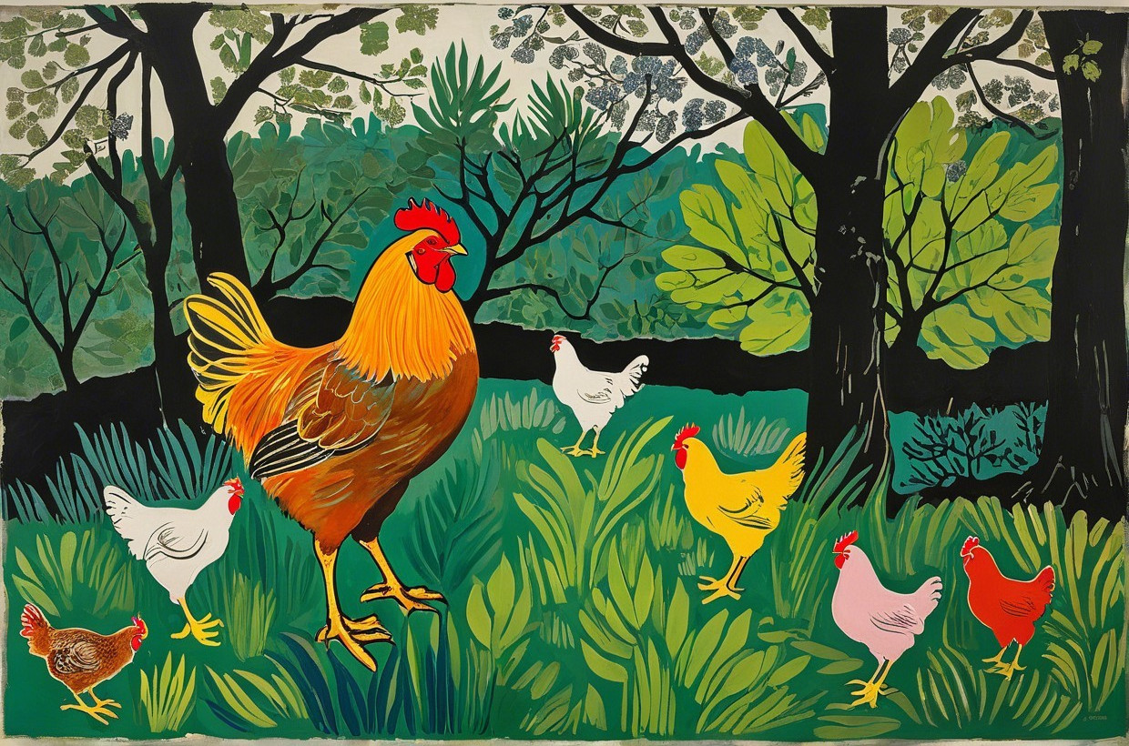 Colorful Rooster and Hens in Lush Farmyard Scene