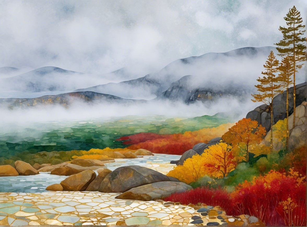 Serene Landscape with Misty Mountains and Autumn Foliage