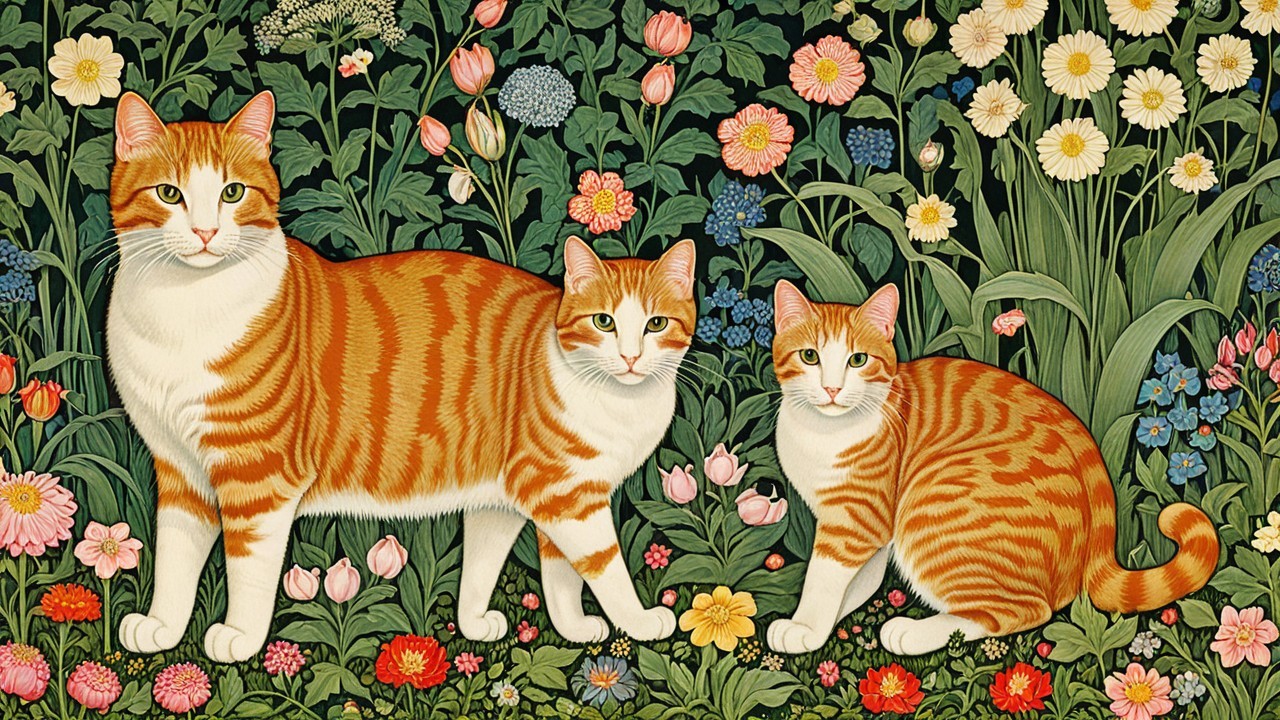 Playful Orange Tabby Cats in Floral Setting