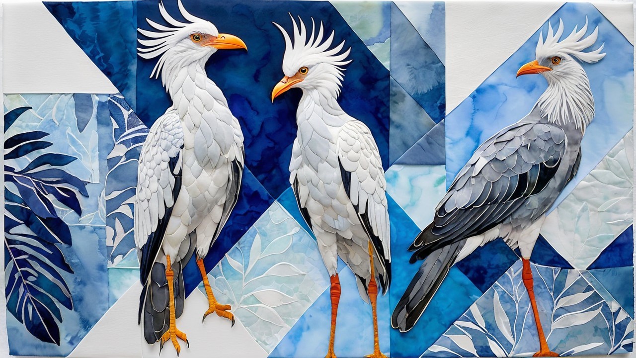 Stylized Birds with White Feathers on Blue Background