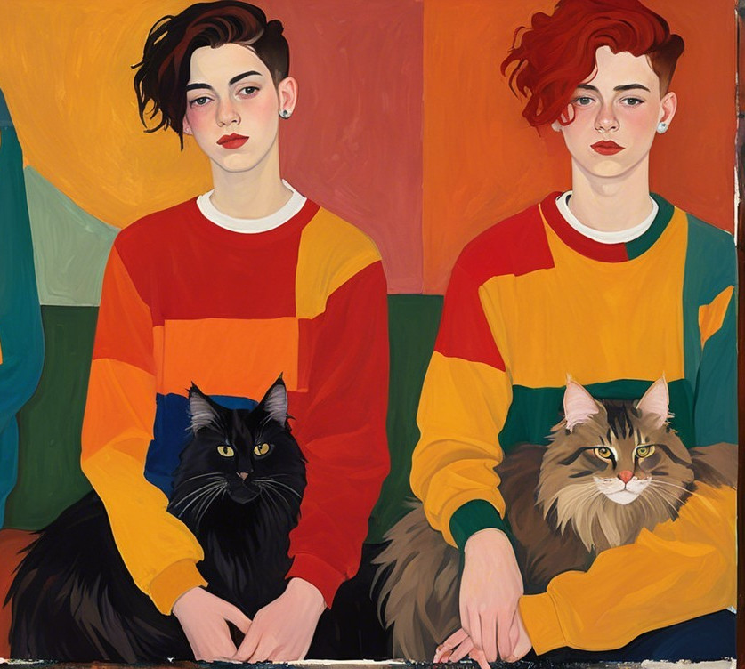 Young individuals with red hairstyles and cats