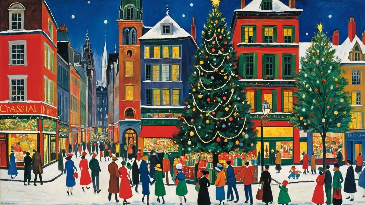 Vibrant Christmas Street Scene with Snow and Lights