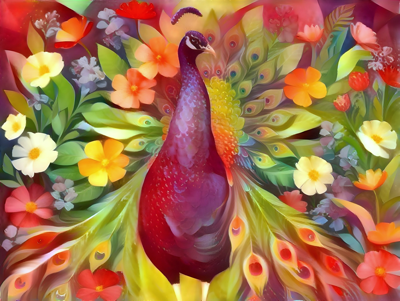 Colorful Peacock Surrounded by Flowers and Butterflies