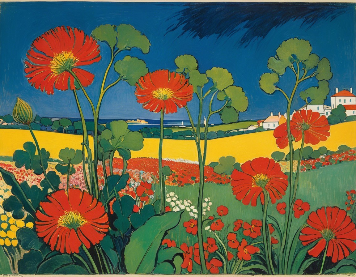 Vibrant Red Flowers in a Lush Green Landscape