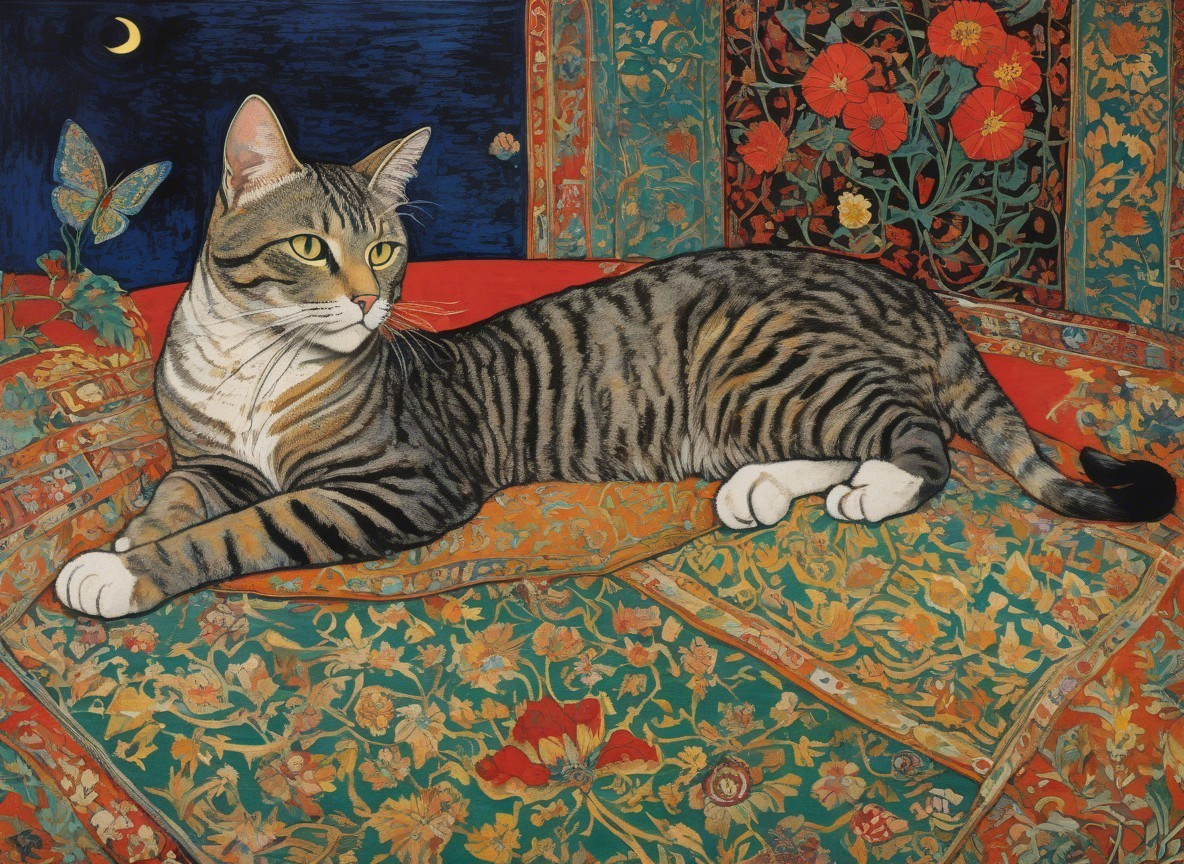 Majestic tabby cat on patterned pillow with moon and butterfly