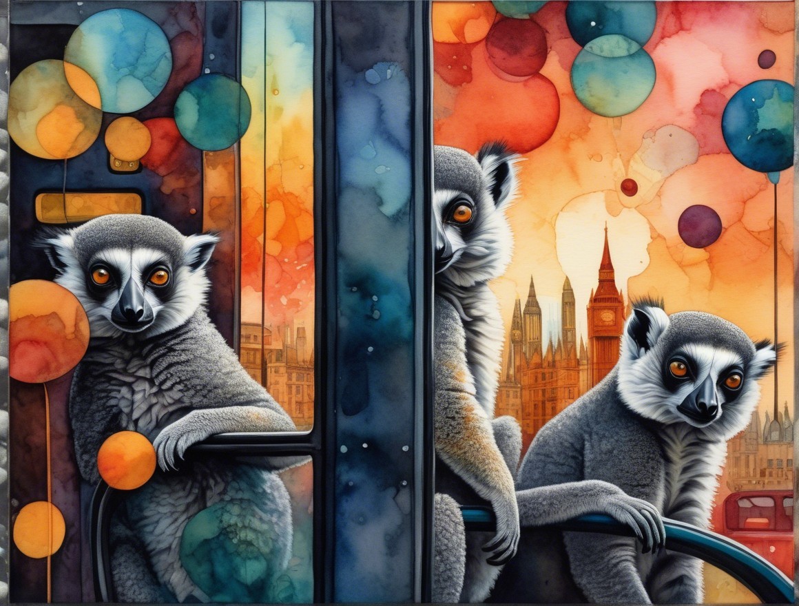 Watercolor Artwork of Lemurs by a London Bus Window