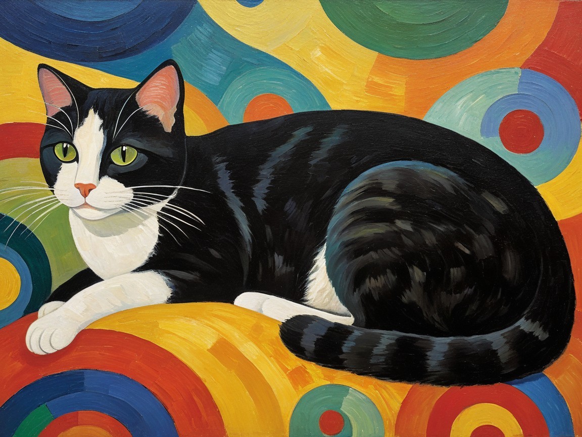 Stylized Painting of Black and White Cat on Colorful Background