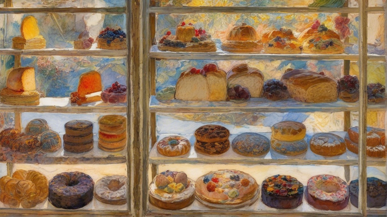 Vibrant Bakery Display of Pastries and Breads