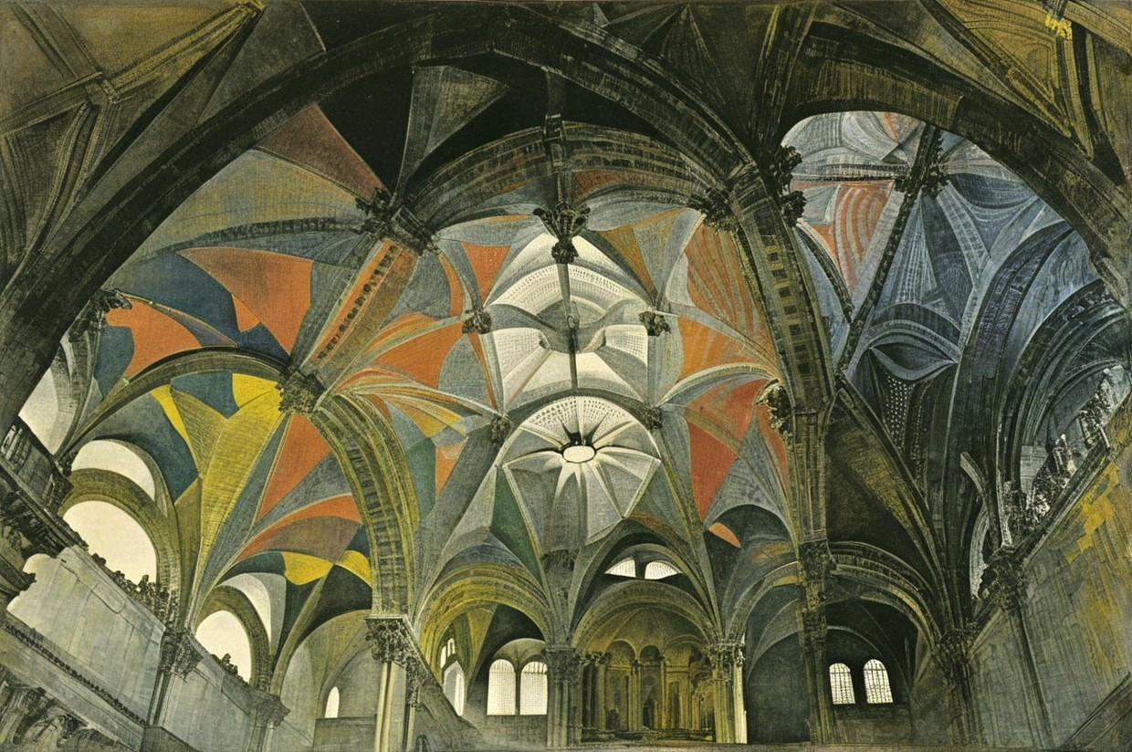 Grand Architectural Interior with Colorful Ceiling Design