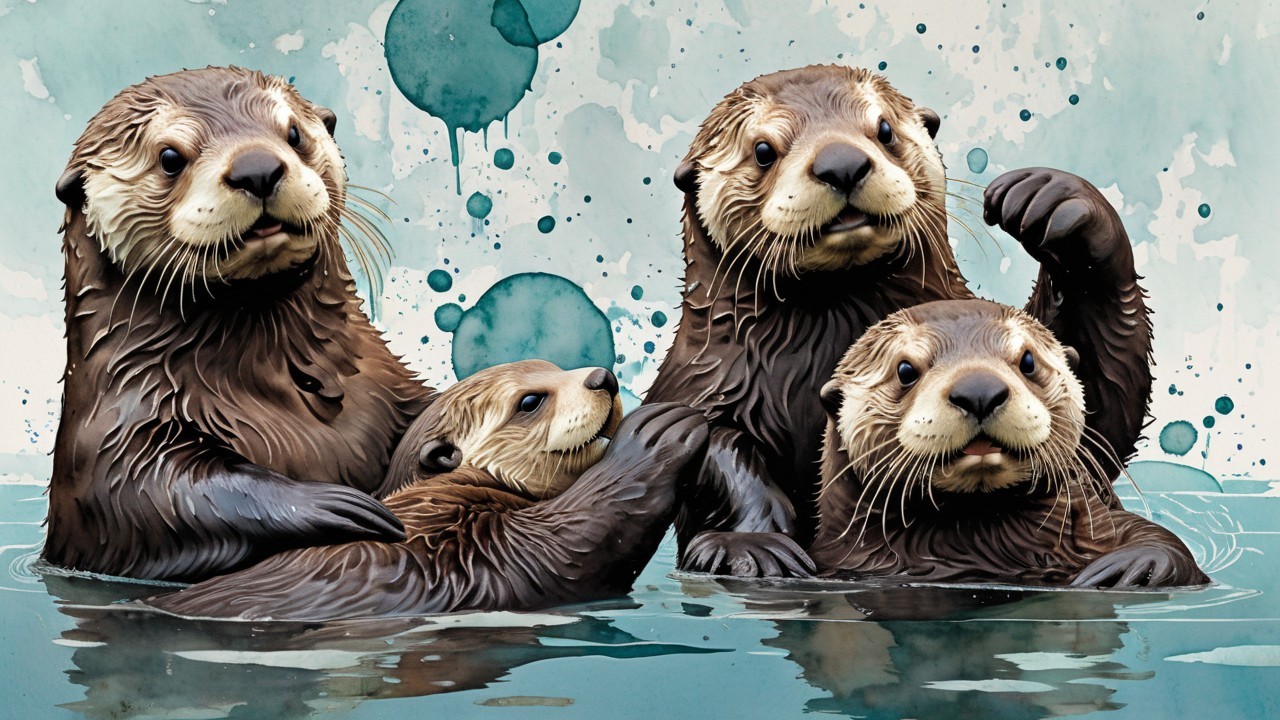 Otters Swimming in Serene Blue Water Setting