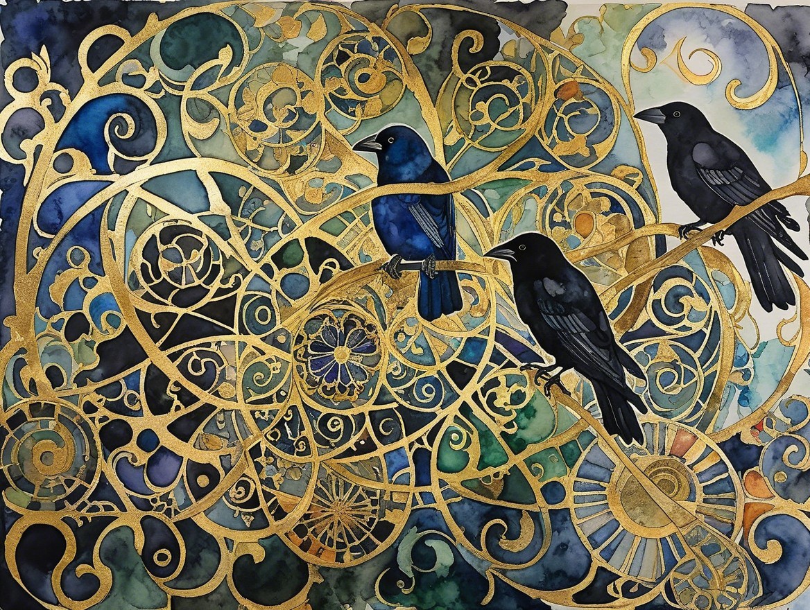 Black Birds on Golden Branches with Watercolor Background