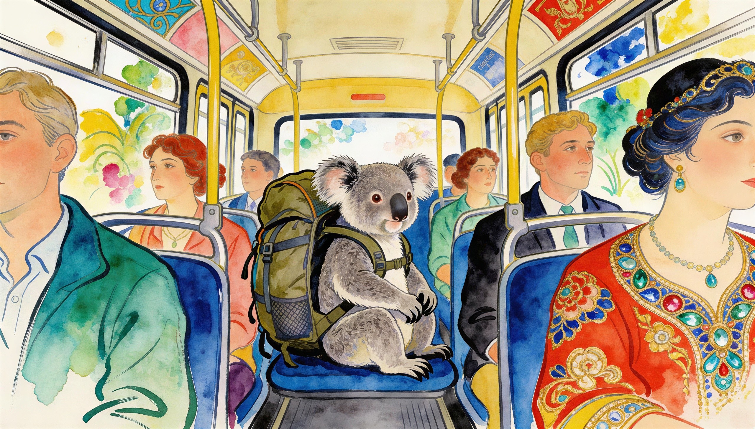 Watercolor Painting of a Koala on a Bus Seat