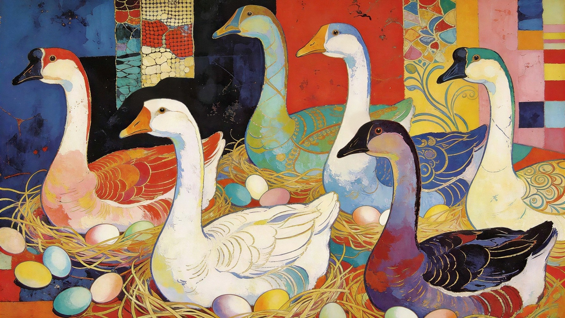 Vibrant Geese in Colorful Nests with Detailed Patterns