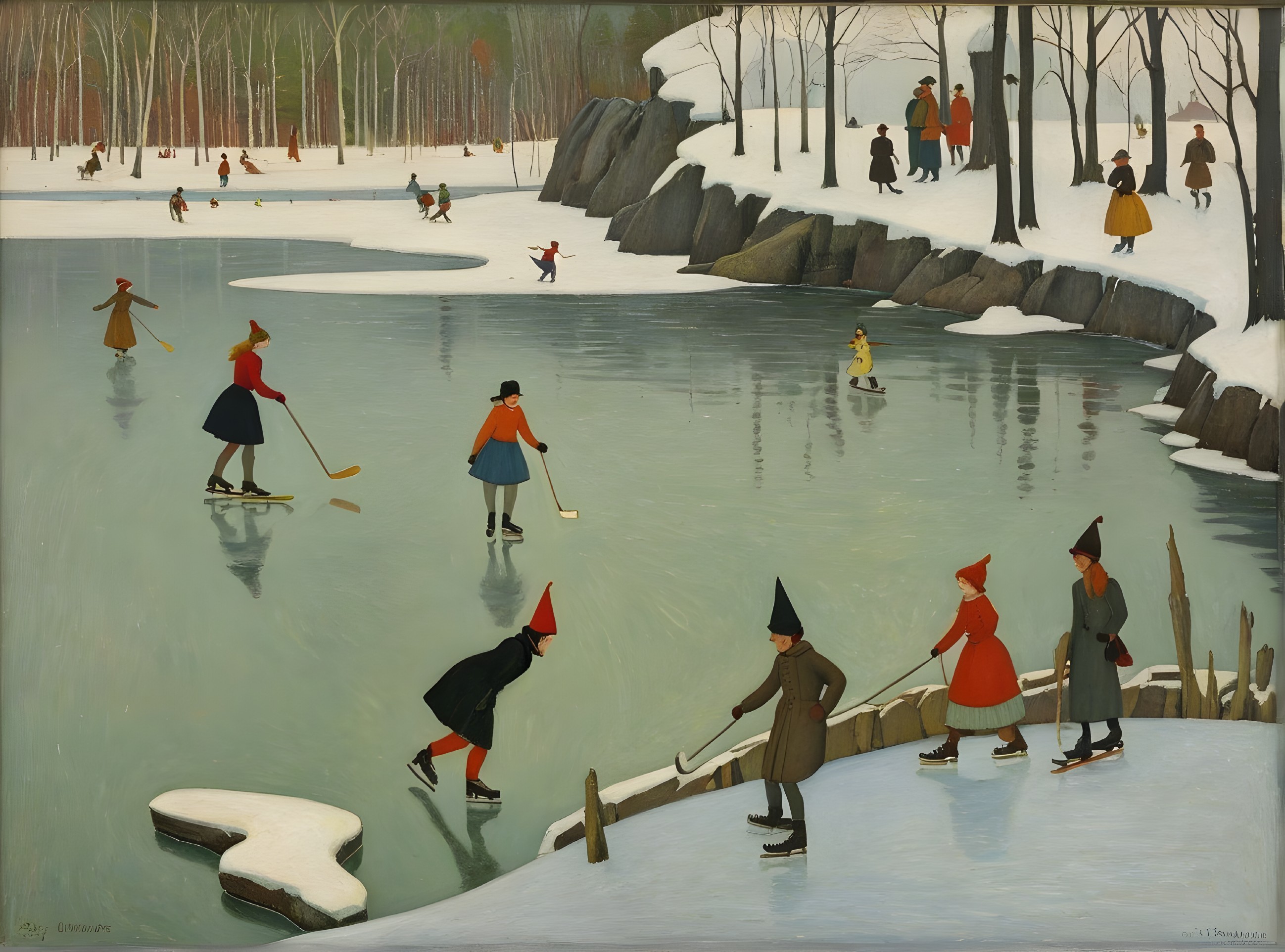Winter Scene on Frozen Lake with Skaters and Trees