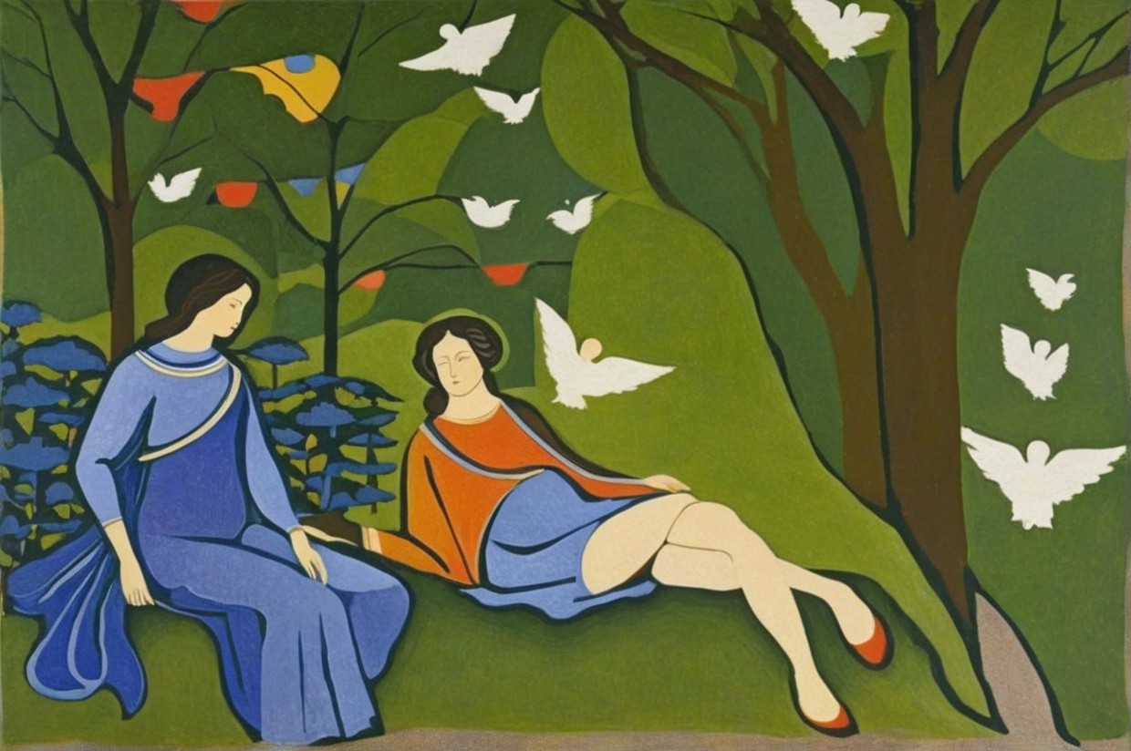 Women in a Serene Park Surrounded by Nature