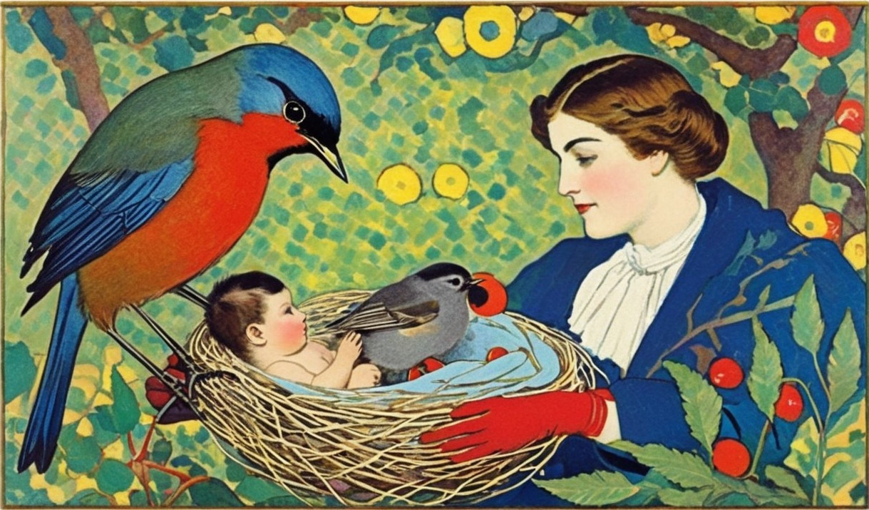 Whimsical Illustration of Woman with Nest and Birds