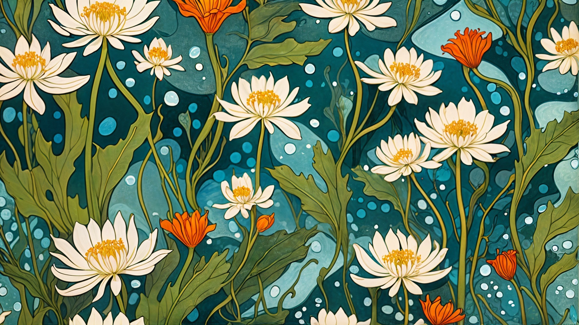 White Lotus and Orange Flowers on Teal Background